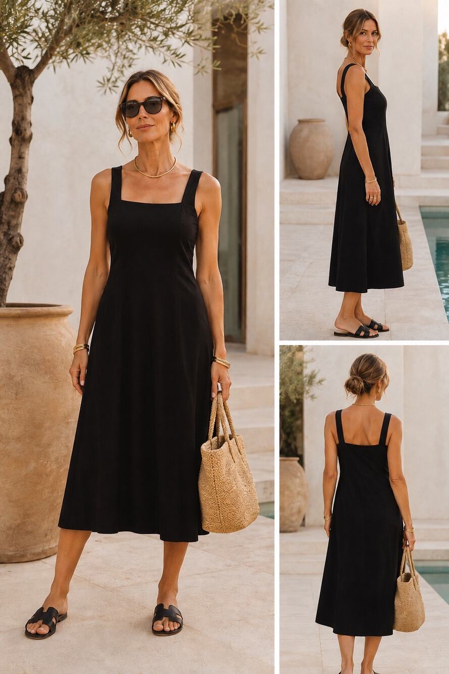 Eileen Fisher Black Crepe Midi Dress Minimalist A-Line Pull On Capsule Wardrobe